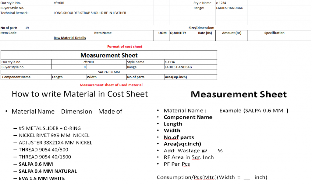 Heading of Leather goods Cost sheet
